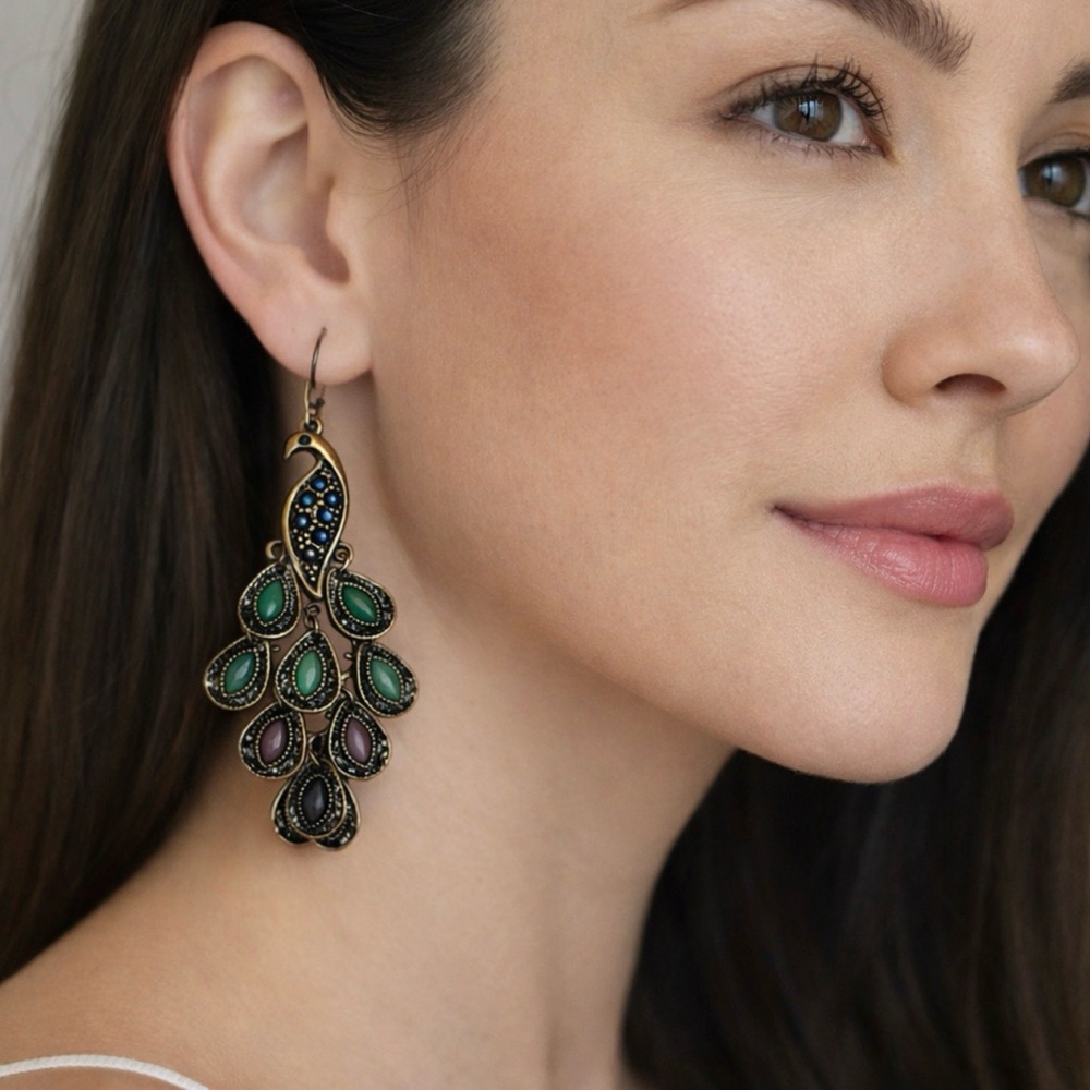 VINTAGE BOHEMIAN PEACOCK CHANDELIER EARRINGS & RING SET OCEAN HUES STATEMENT LUX